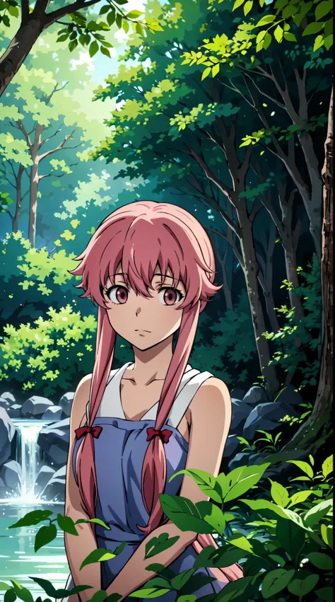 in the woods. she is wearing a white summer dress with floral patterns, and her long pink hair is flowing in the gentle breeze. ...