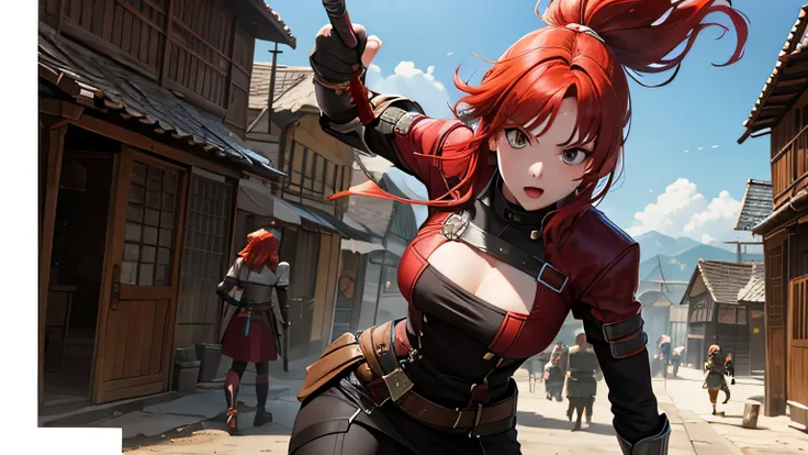 red hair, Two-pronged, girl, protecting the village, fighter