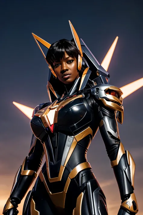 Fusion of Transformers, Evangelion, and DC Comics Vixen – a female Mech character with a sleek, ultra-sharp, and ultra-focused design. Her melanin-rich dark skin shines under the 8k UHD spotlight, highlighting every intricate detail of her mechanized form....