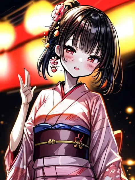 Create an image of a girl, yukata, Japanese festival, summer night. The image should capture the essence of summer, with a warm and sunny background. The girl should be in a typical summer pose, with a high-contrast effect and a subtle glow. The upper part...