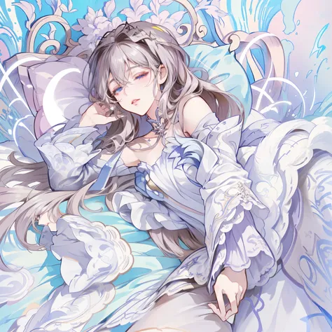 anime girl with long hair and a white dress laying on a bed, goddess of sleep, anime fantasy illustration, a beautiful artwork i...