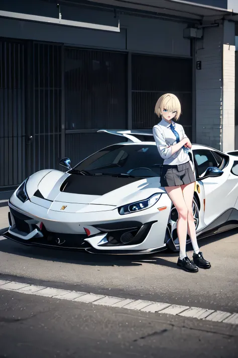 1girl with car ferrari F480 grey colour,18y.o,blue eyes,blonde hair,mullet haircut,short hair,senior highschoo outfit,car parking background,happy expression