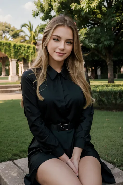 Masterpiece. super high resolution. Medium shot of a sexy, charismatic influencer, 20 years old. Smiling suggestively with blonde hair and dark green eyes. Dressed in elegant black clothes, sitting in an outdoor park, blowing a kiss facing the camera in Cu...