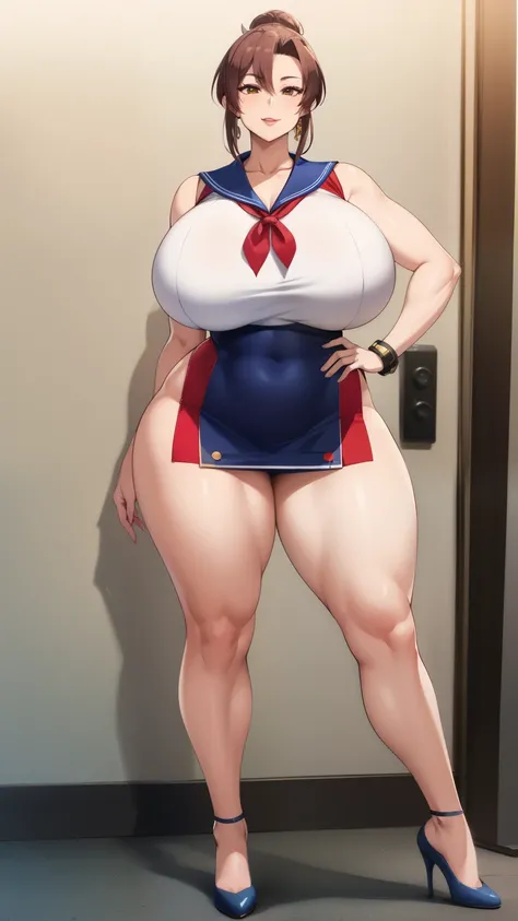 Big Breasts, Big Hips, Full Body Shot, Mature mother, Voluptuous thighs, Ample calves, Seductive mature woman, Perfect body, Plus Size Model, Sailor suit, Wearing high heels,Miniskirt Uniform, mai shiranui, 