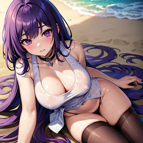 (masterpiece,highest quality, detailed), One girl, A sharp face、alone, Lying on the beach,Sea of night, whole body,Sweat, Ahegao, Roll your eyes, blush, naked、Purple Hair,((Long Bangs)),(One eye is hidden）、Purple choker,Sleeveless white shirt、Black underwe...