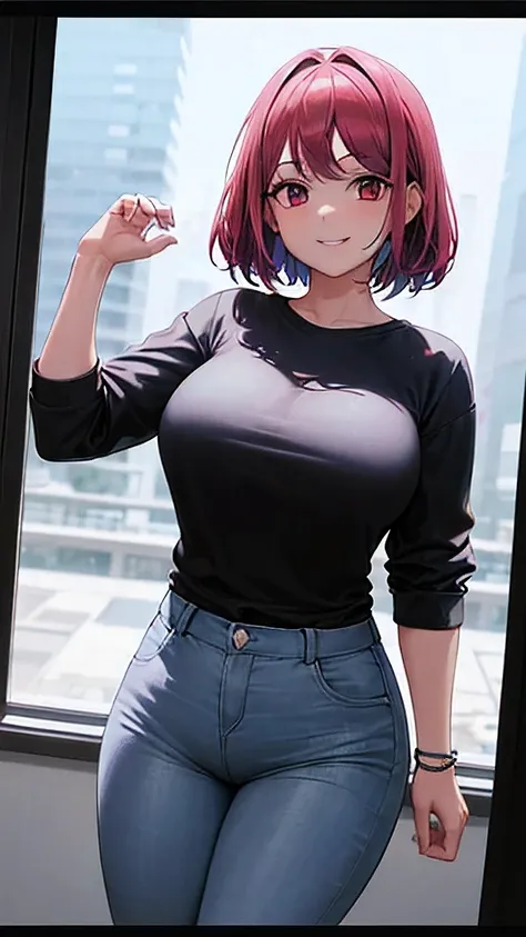 (8k, RAW foto, mejor calidad, (Obra maestra, super high quality, super detailed), anime style chica joven, random color of hair and style Absoluto, detalles intrincados, Mujer arafed apoyada en un escritorio con tres pantallas de computadora., showing stoc...