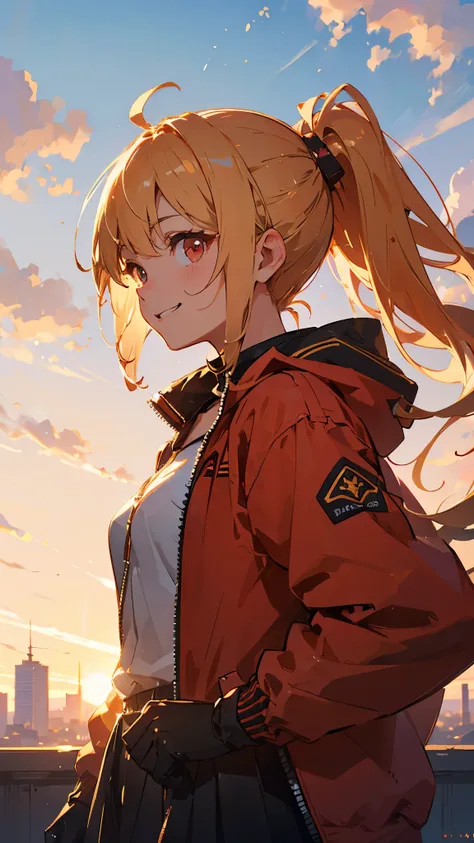 (highest quality、Ultra-fine、Genuine)、Genki girl、Small breasts、Red riders jacket、blonde、Red Eye、ponytail、Ahoge、From the side、gloves、Bright smile、Building roof、Blowing in the Wind、Golden Hour Sky、Upper body close-up、Sharp contours