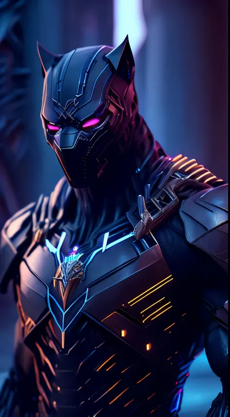 somber portrait of Terminator Black Panther from Marvel with intricate angular cybernetic implants inside a brutalist building, gothic brutalist cathedral, (centered,scale to fit dimensions,Rule of thirds), cyberpunk, award-winning photo, bokeh, neon light...