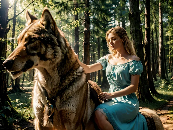 (best quality,4k,8k,highres,masterpiece:1.2),ultra-detailed,(realistic,photorealistic,photo-realistic:1.37),Blonde girl with short hair riding a wolf,illustration [fantasy],vibrant colors,soft lighting,enchanted forest,hazy atmosphere,mystical,ethereal dre...