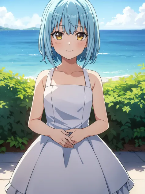 1 girl, short sky blue hair, have bangs, yellow eyes, wear white dress, detailed face, looking at viewer, big smile (masterpiece, best quality)