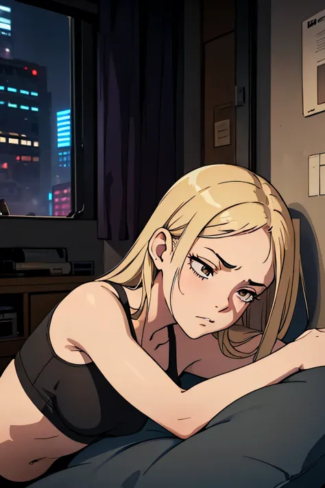 a young depressed sad girl, with straight long dirty blonde hair, brown eyes in a grey tanktop and black underwear, sleeping in a cyberpunk sci fi run-down apartment