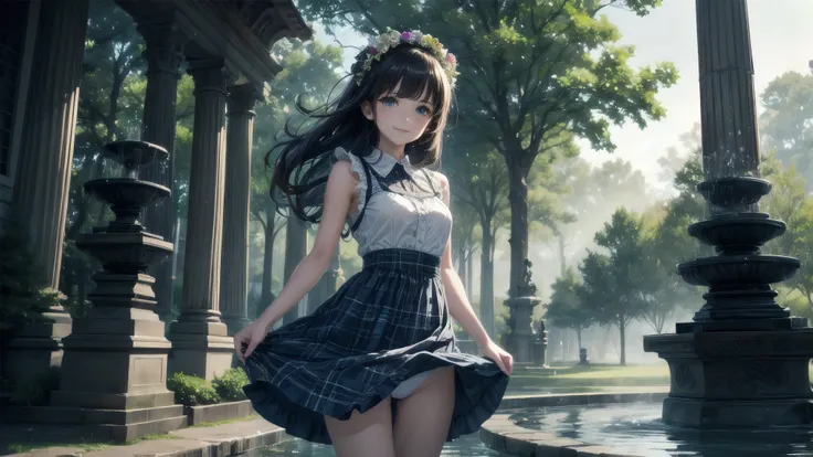 Very cute and beautiful girl,Blue plaid summer dress with detailed ruffles,Sleeveless,(Skirt lift,White panties),(very detailed beautiful face and eyes:1.2), Cowboy Shot,Smile,Black hair,flowercrown, (Standing by a water fountain in the forest),Fog,fantast...