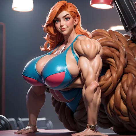 Solo woman, alone, 1girl, full body, (anatomically correct), ((((Massive Female Bodybuilder:1.5)))), (((very wide hips))), (((very wide shoulders))), ((((huge breasts)))), (NSFW), gorgeous ginger Nordic ("Merida" from "Brave"), smiling, very sweat and wet ...