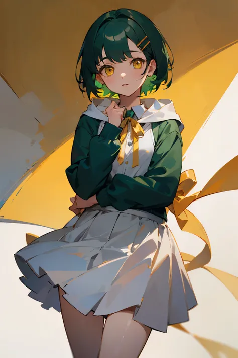 photo, masterpiece, best quality, wallpaper, 1girl, short hair, dark green hair, golden yellow eyes, hair accessories, white blouse, white skirt, ribbon on neck, hairclips, ribbon on wrist, green hoodie 