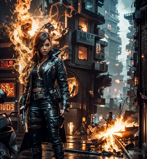 A beautiful cyber woman holding her weapon in front of some sci fi buildings with fire in a wet and foggy night