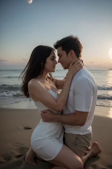 Couple in love hugging each other and looking into each others eyes, the woman is wearing a flowing white dress and the man is barefoot. The couple is on a deserted beach with calm waves. The couple is in the center of the image under a full moon. The imag...