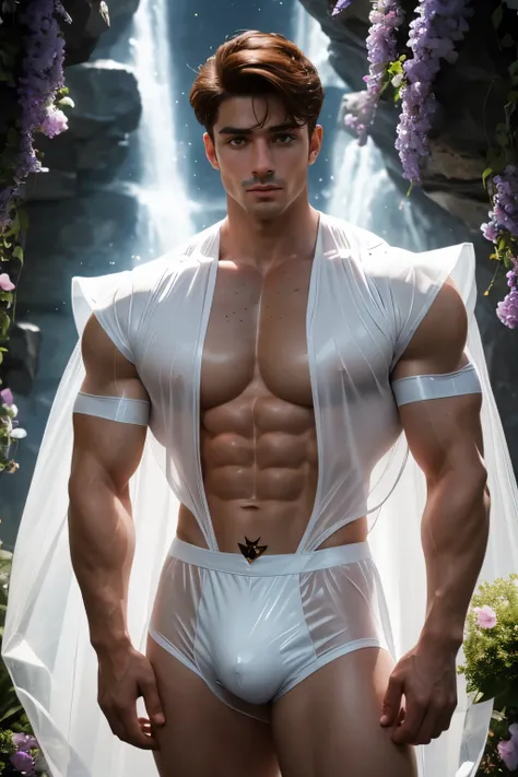 Sailor moon male version , dynamic pose ((muscle man , abs , 20 years old , big bulge , ginger , oil , freckles , short hair , Brown eyes , hair chest , wearing a sailor moon outfit in latex plastic)) in white  background (iridescent , lights , stars light...