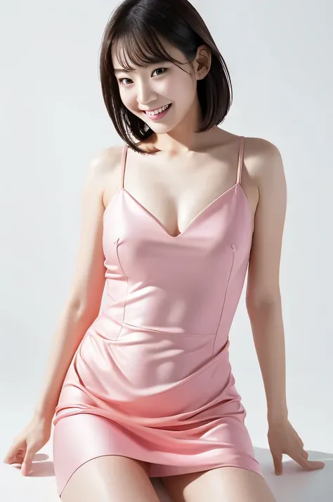 The beauty of 8K raw photos:2.0, Japanese woman, short hair, 18 years old, great face and dark eyes, looking down, looking at the viewer:1.5, big smile, wet hair, spread the legs wide, tiny top, (pink dress:1.2), shinny skin, realistic:1.9, very detailed, ...