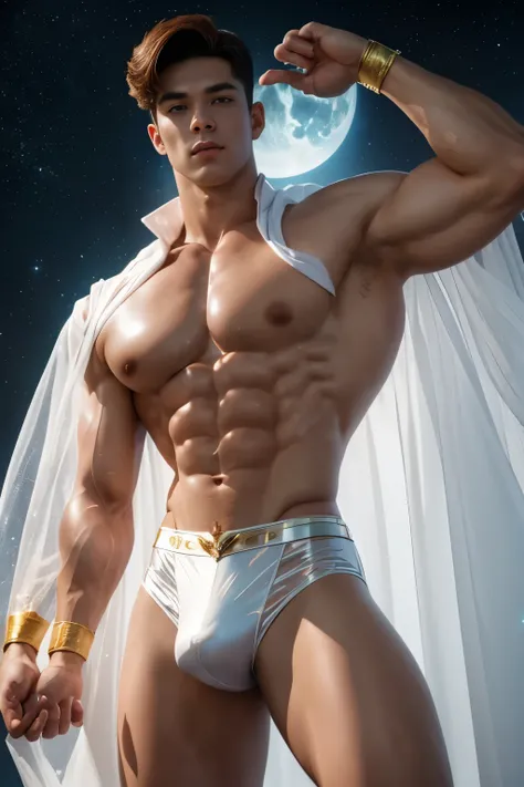 Sailor moon male version , dynamic pose ((muscle man , abs , 20 years old , big bulge , ginger , oil , freckles , short hair , Brown eyes , hair chest , wearing a sailor moon outfit in latex plastic)) in white  background (iridescent , lights , stars light...