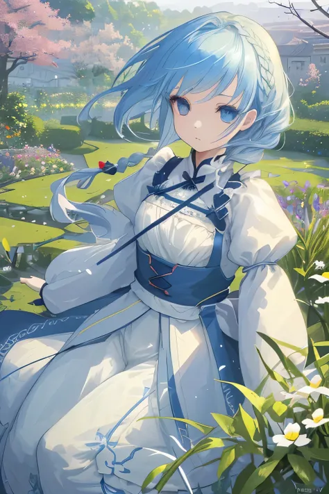 Tabletop, highest quality,shape, wallpaper, Very detailed, Absurd beauty、1 beautiful girl、 (Middle Hair、Short braided hair), Very detailed beautiful eyes , Hair blowing in the wind、Please make the head smaller、garden、great outdoors、Garden scenery