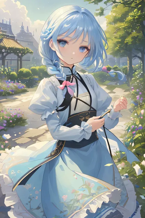 Tabletop, highest quality,shape, wallpaper, Very detailed, Absurd beauty、1 beautiful girl、 (Middle Hair、Short braided hair), Very detailed beautiful eyes , Hair blowing in the wind、Please make the head smaller、garden、great outdoors、Garden scenery