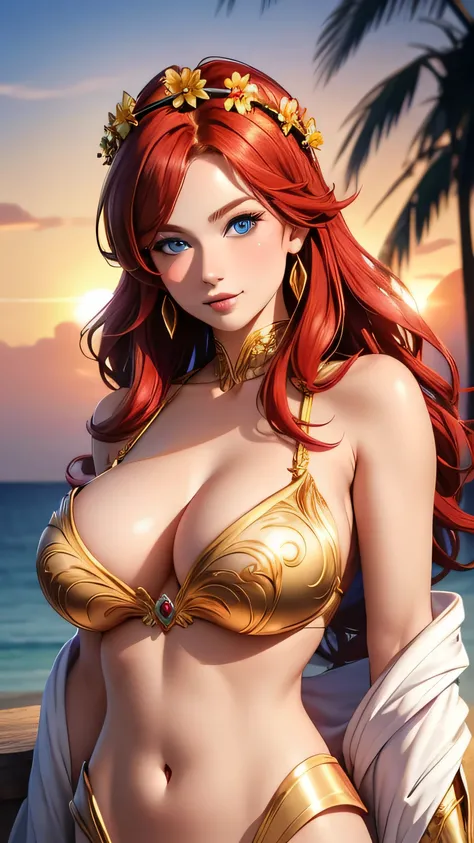 Best quality, 30 year old woman, massive breasts, red hair, blue eyes, skimpy, sunset, upper body, sexy, angelic, flower crown, golden glow, skimpy  robes, opulent, luxurious,