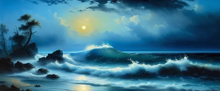 (((Blue coast, low tide))), high quality, masterpiece,((Ivan Aivazovsky style)), dark color, marinism, oil painting knife, ((best quality, masterpiece)), (high detail), impressionism:1.1, 8k