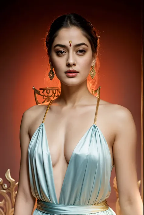 Looks like Sandeepa Dhar, "Design an illustration of a stunning and powerful warrior queen with a regal presence. She should possess a combination of strength and grace. Imagine her in ornate, yet practical armor that complements her figure. The armor shou...