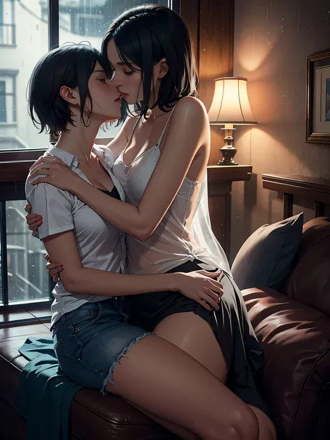 Two lesbians aggressively making out passionately, lips touching, hugging tight, kissing, passionate, erotic, sitting on lap, chair, window, raining outside, night time, dark room, one lamp, warm lighting