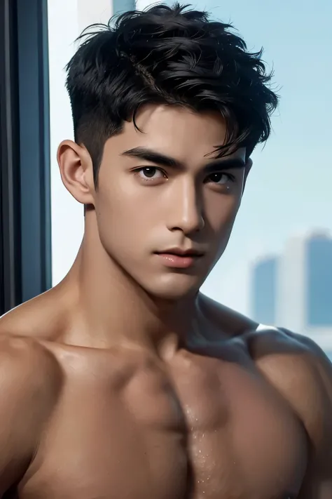 short detailed hair，Naked upper body，musculature，Black hair，serius face，Handsome boys，