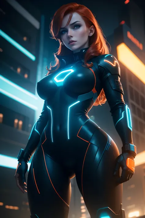 Tron legacy redhead,  large breasts, camel toe, blue and orange neon lights , dark lighting, dystopian setting, photorealistic, ultra high quality, depth of field, tron cityscspe, sfw