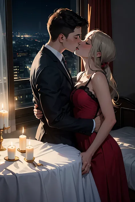 Boy and woman, beautiful woman, kissing each other with passion, in a bedroom, bright room, candles lit, night time,