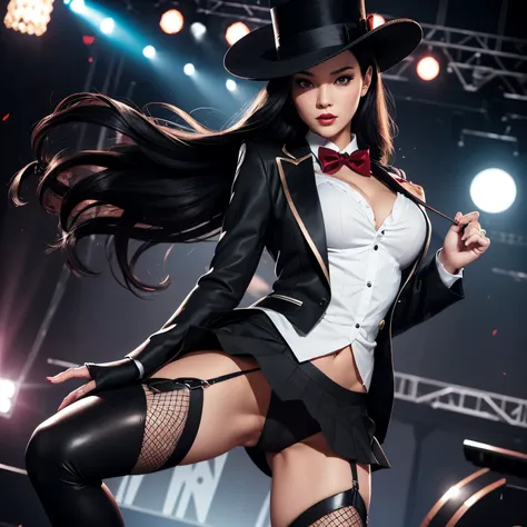 (masterpiece, highest quality, highest quality, Beautiful and aesthetic:1.2), (1 Girl)Beautiful body, Detailed face,((Sharp focus on the crotch)),solo,on_stage,(Zatanna high kicking),open_thighs,Zatanna seen from below the stage,Beautiful japanese woman,sh...