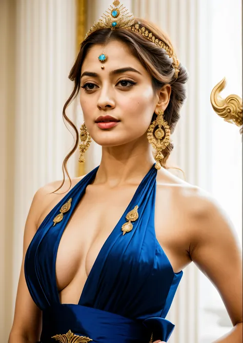 Looks like Sandeepa Dhar, "Design an illustration of a stunning and powerful warrior queen with a regal presence. She should possess a combination of strength and grace. Imagine her in ornate, yet practical armor that complements her figure. The armor shou...