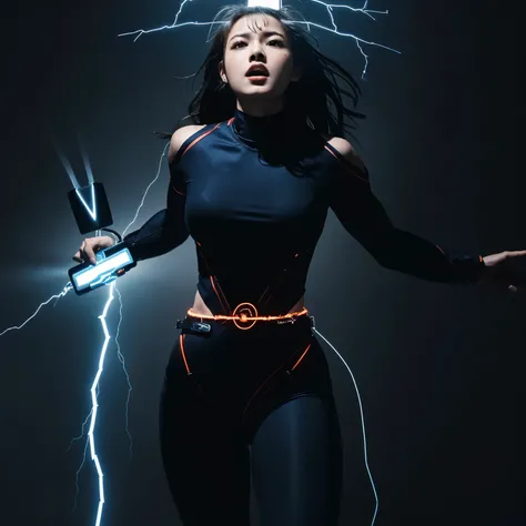 Detailed Photos、Supergirl、Both hands are tied above the head and stretched out straight、Spread your legs、Electrodes approaching the groin、(Several thick, intense electric shocks discharge from the electrodes into the groin area.:1.7)、(Anguished expression:...