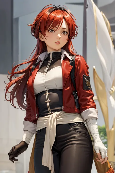 (masterpiece, best quality:1.2), expressive eyes, perfect face, highres, 1girl, solo, (female:1.5), StarkFrieren, red jacket, black shirt, white sash, black pants, bandages, gloves, standing, cowboy shot, looking at the viewer