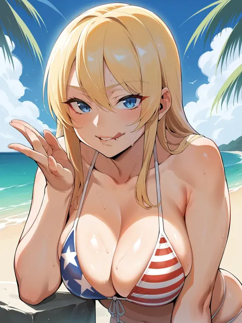 Score_9, score_8_up, score_7_up, source_anime, ikuchan, looking at viewer, American flag bikini, beach, licking lips, biting own lip, hellsibg, seras, blue eyes, blonde hair