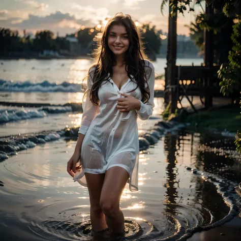 a girl lightly smiling and standing with wearing wet white gown the beach, long beautiful hair, confident and happy posing, sexy...