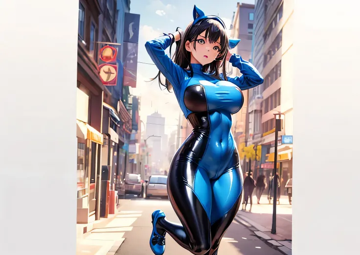 Blue  Sharp picture for girl in  outfit posing in the middle of a city street, full body !  suit, thicc,  in a skintight dress, fullbodysuit, wearing tight suit, in spandex suit, ( ( big  tits  ) ), character is in her natural pose,  suit, tight attire,  b...