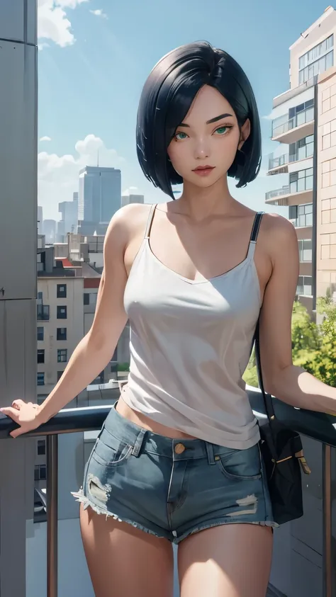 score_9, score_8_up, score_7_up, score_6_up, source_anime, BREAK 1girl, solo, valVipr, bob cut, green eyes, white camisole, denim shorts, toned body, city, blue sky, balcony, looking at you