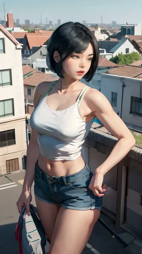 score_9, score_8_up, score_7_up, score_6_up, source_anime, BREAK 1girl, solo, giantess, valVipr, bob cut, green eyes, white camisole, denim shorts, toned body, city, blue sky, balcony, looking at you