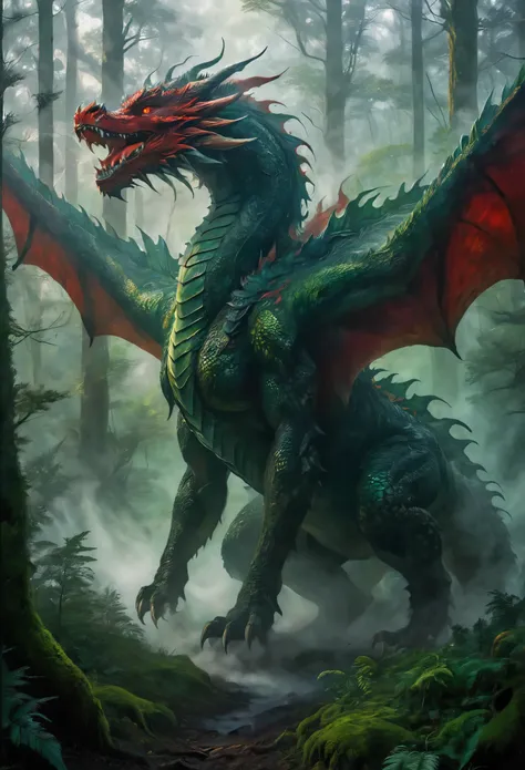 facing to the viewer, Mystical giant looks like a giant dragon dracarys (((gentle creature made of mist))), insane huge size, intricate patterns of red in its dark green fur, in a dark scary highly detailed forest, surrounded by birds.