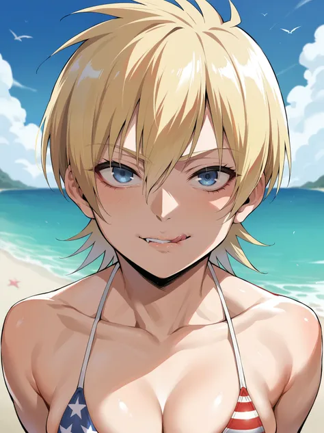 Score_9, score_8_up, score_7_up, source_anime, ikuchan, looking at viewer, American flag bikini, beach, licking lips, biting own lip, hellsing, seras, blue eyes, blonde hair, short hair,