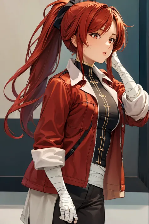 (masterpiece, best quality:1.2), expressive eyes, perfect face, highres, 1girl, solo, (female:1.5), StarkFrieren, red jacket, black shirt, long hair, ponytail, white sash, black pants, bandages, gloves, standing, cowboy shot, looking at the viewer