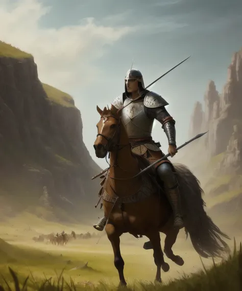 a medieval warrior with a spear, campo de trigo, caminhando em um campo de trigo, warrior charging forward, fantasy, ultra wide shot, photorealistic, (pixarstyle:1.2), Brad Rigney, hypermaximalised, beautiful, good anatomy, detailed and intricate, centered...