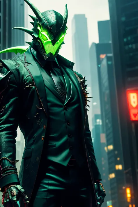 (extremely detailed 8k wallpaper), a medium shot photo of green cyberpunk Grim dressed as a scary dinosaur in a suit made of metal from marvel, horror theme, intricate, high detail, dramatic