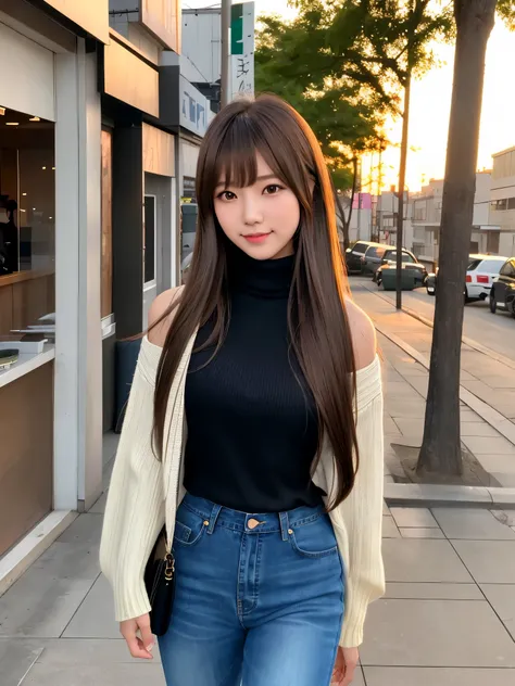 product quality, 1 girl, cowboy shot, front view, a Japanese young pretty girl, long bob hair, walking with a big smile on a crowded sidewalk in the evening, the beautiful sunset, wearing a black turtleneck sweater, hem of the sweater over jeans, carrying ...