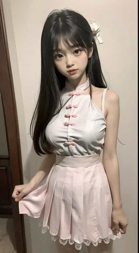 Master quality, highest quality, best picture quality, exaggerated details, a princess cute 8 year old asian  with a shy expression, slightly squinted eyes, adjusting her hair, long eyelashes (long hair / very, very exaggerated big breasts, big  / in pink ...