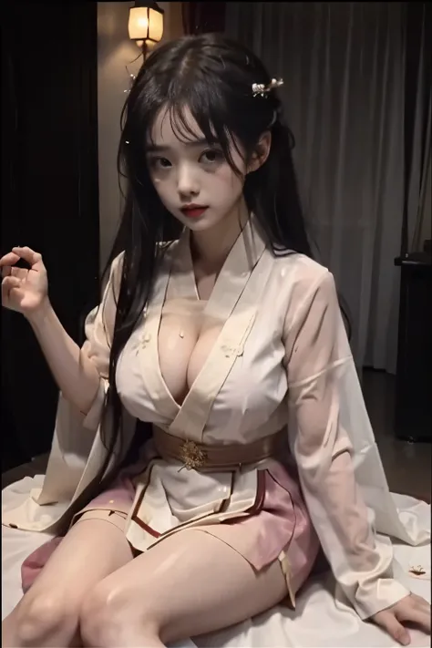 masterpiece,best quality,official art,extremely detailed CG unity 8k wallpaper,
1girl cute 8 year, upper body, pov,hanfu dress tissue,  , under wear, big breast, rain wet, she  amature a shy expression, slightly squinted eyes, adjusting her hair, long eyel...