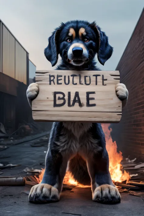 In the heart of an abandoned industrial area, a puppy sits defiantly with a sign held up high in its tiny paws. The once vibrant fur on its  is now tinged with soot and grime, a stark contrast to the flames that flicker menacingly in the background. The si...